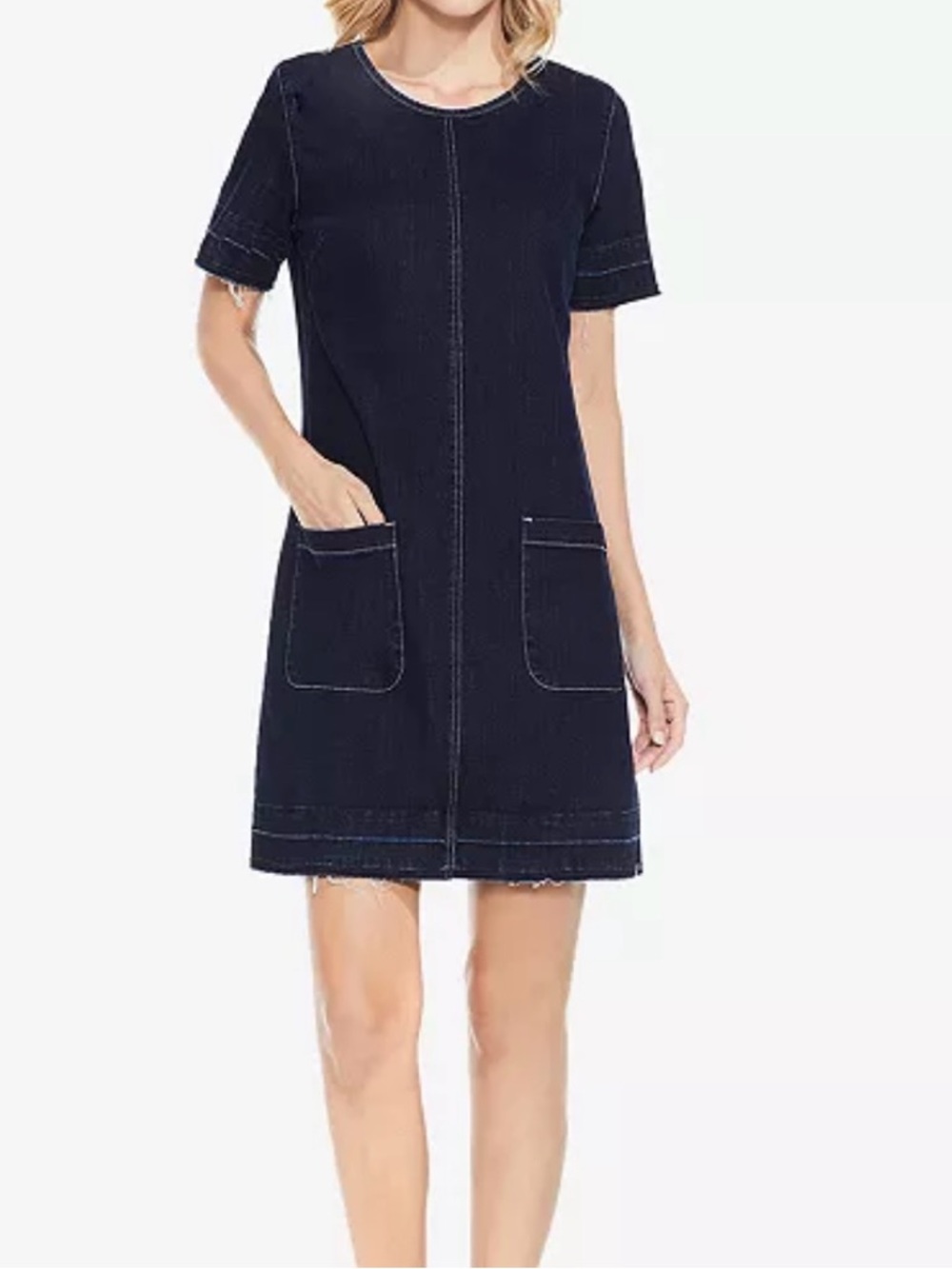 Casual Short Sleeve Dark Denim Shift Dress with Pockets by Vince Camuto